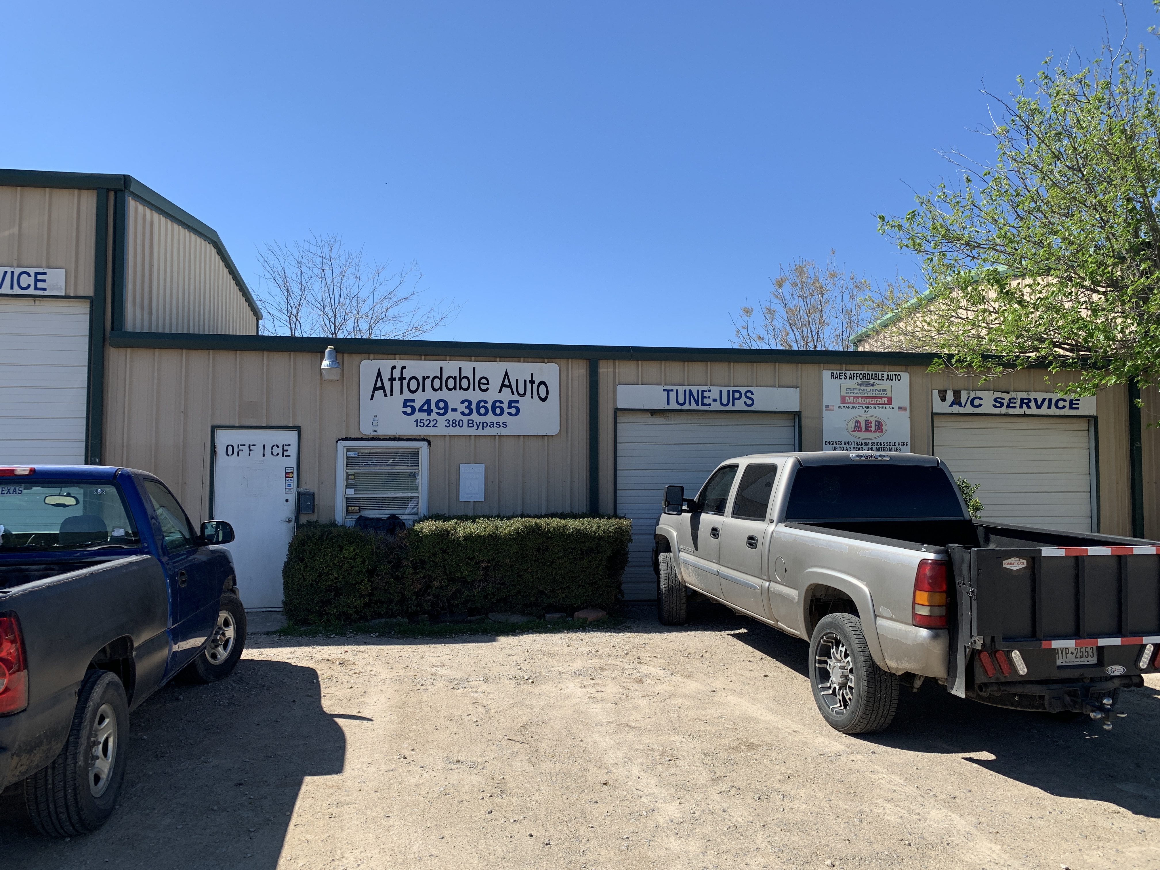 Affordable Auto Repair shop front on Hwy 380 Bypass in Graham, TX, with tune-up and A/C service bays